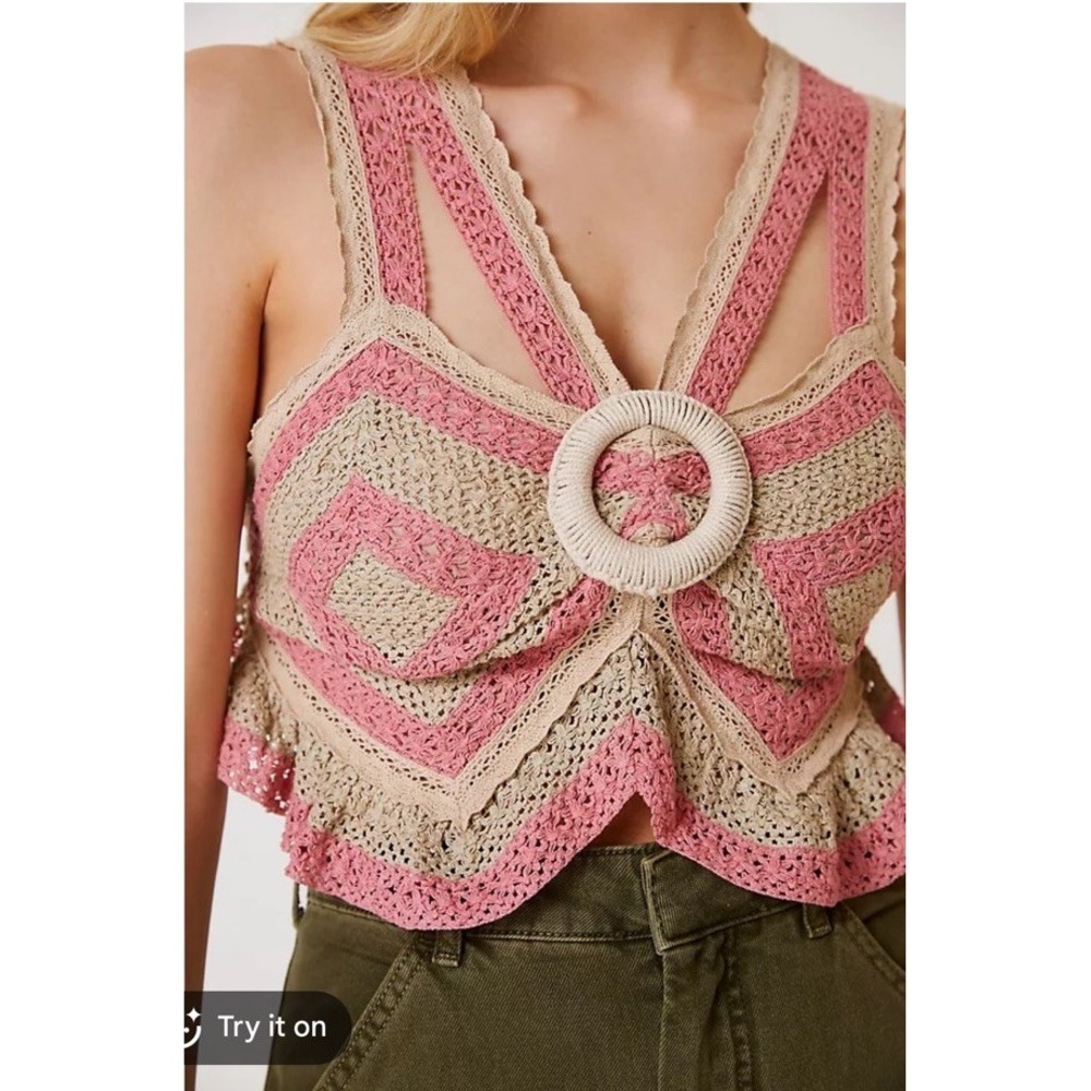 NEW Let Me Be Anthropologie crochet lace open back Tank top pink/ tan MD beach